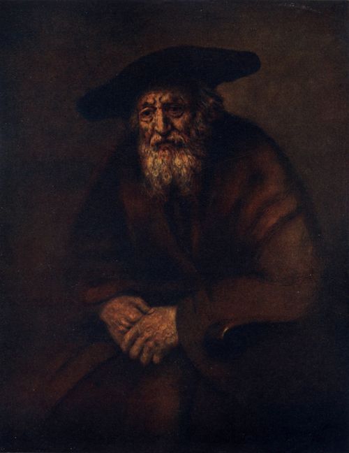 AN OLD MAN WITH A LONG WHITE BEARD, SEATED, WEARING A WIDE CAP, HIS HANDS FOLDED 1654. The Hermitage, St. Petersburg.