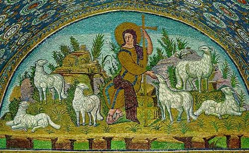 FIG. 19.—CHRIST AS GOOD SHEPHERD. MOSAIC, RAVENNA, FIFTH CENTURY.