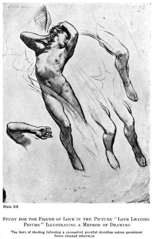 Plate XX. STUDY FOR THE FIGURE OF LOVE IN THE PICTURE "LOVE LEAVING PSYCHE" ILLUSTRATING A METHOD OF DRAWING The lines of shading following a convenient parallel direction unless prominent forms demand otherwise.