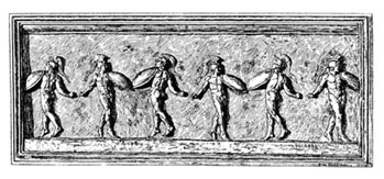 A military dance, supposed to be the Corybantum. From a Greek bas-relief in the Vatican Museum.