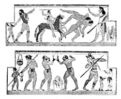 Etruscan dancing and performances. From paintings in the Grotta della Scimia Corneto, about 500 B.C.